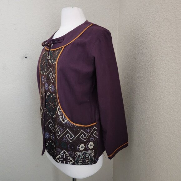 Asian Art to Wear Woven Jacket Women's Large Embroidery Purple Wooden Button - Picture 4 of 12